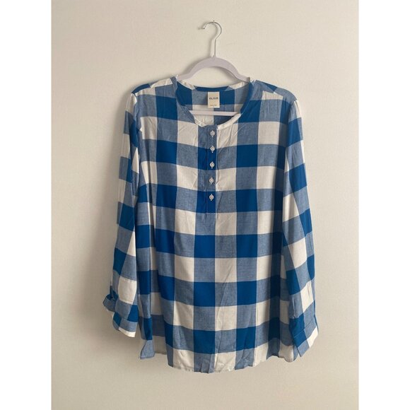 Blair Women's Blue & White Plaid Button-Front Rayon Long-Sleeve Top Size L - Picture 1 of 6